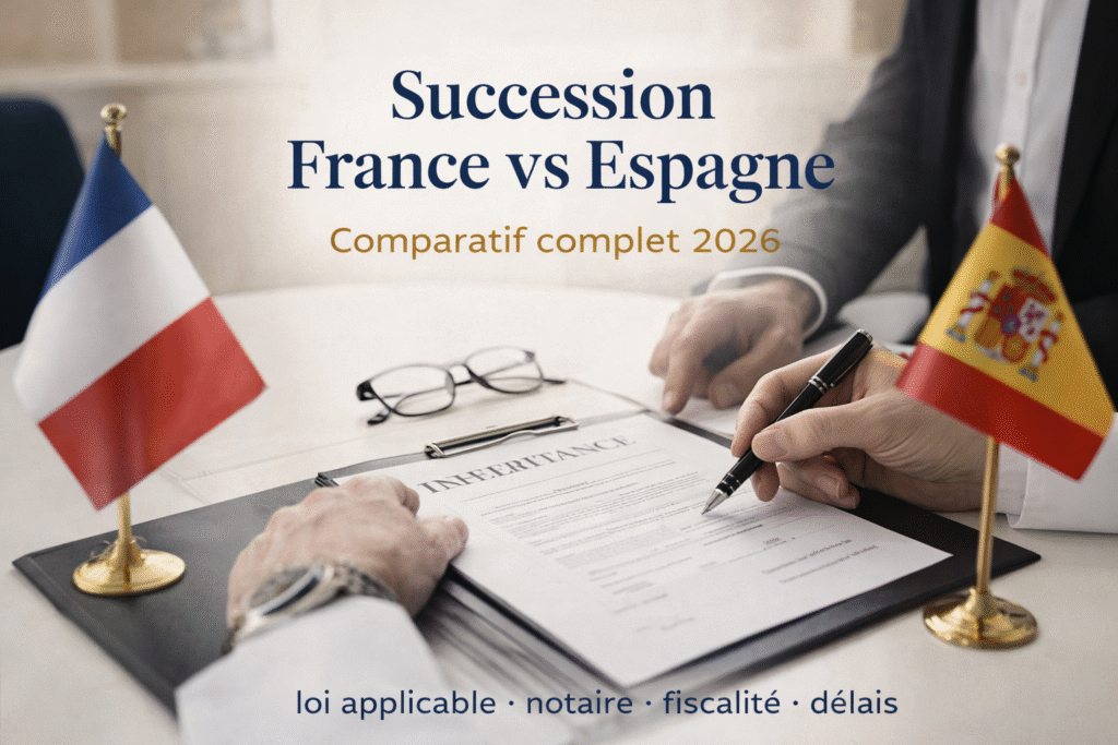 Signature d’un acte chez un notaire avec drapeaux France et Espagne – comparatif succession 2026