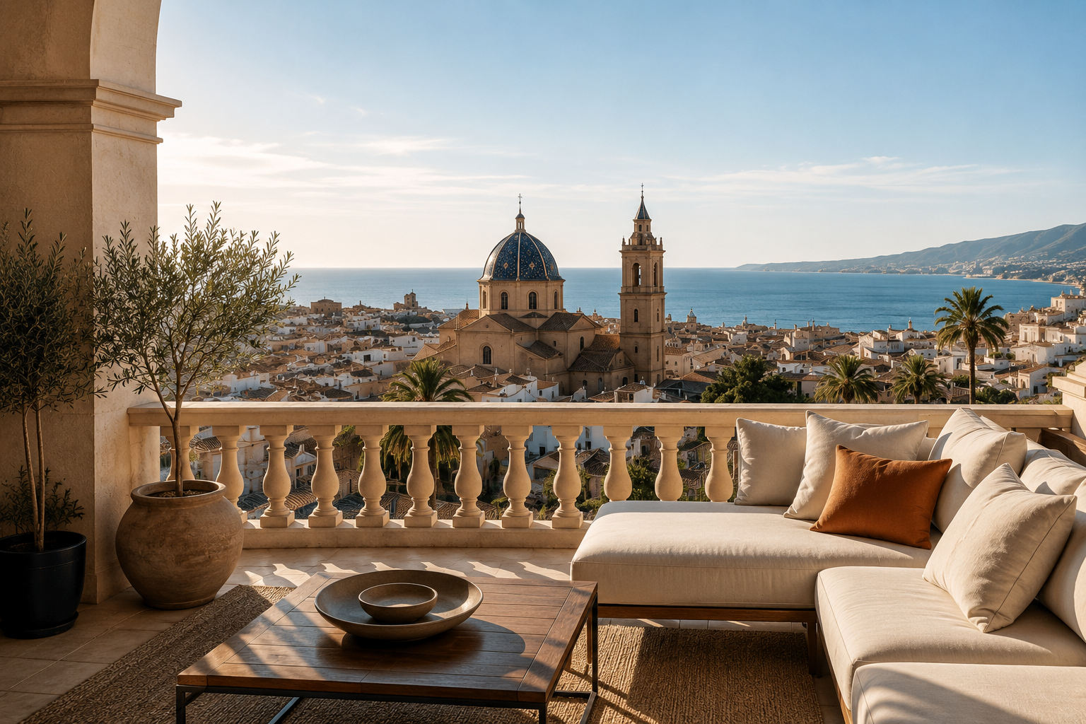 Vue depuis une terrasse de standing à Valence en Espagne accompagnement par un chasseur immobilier francophone pour achat immobilier Costa Blanca et Valence