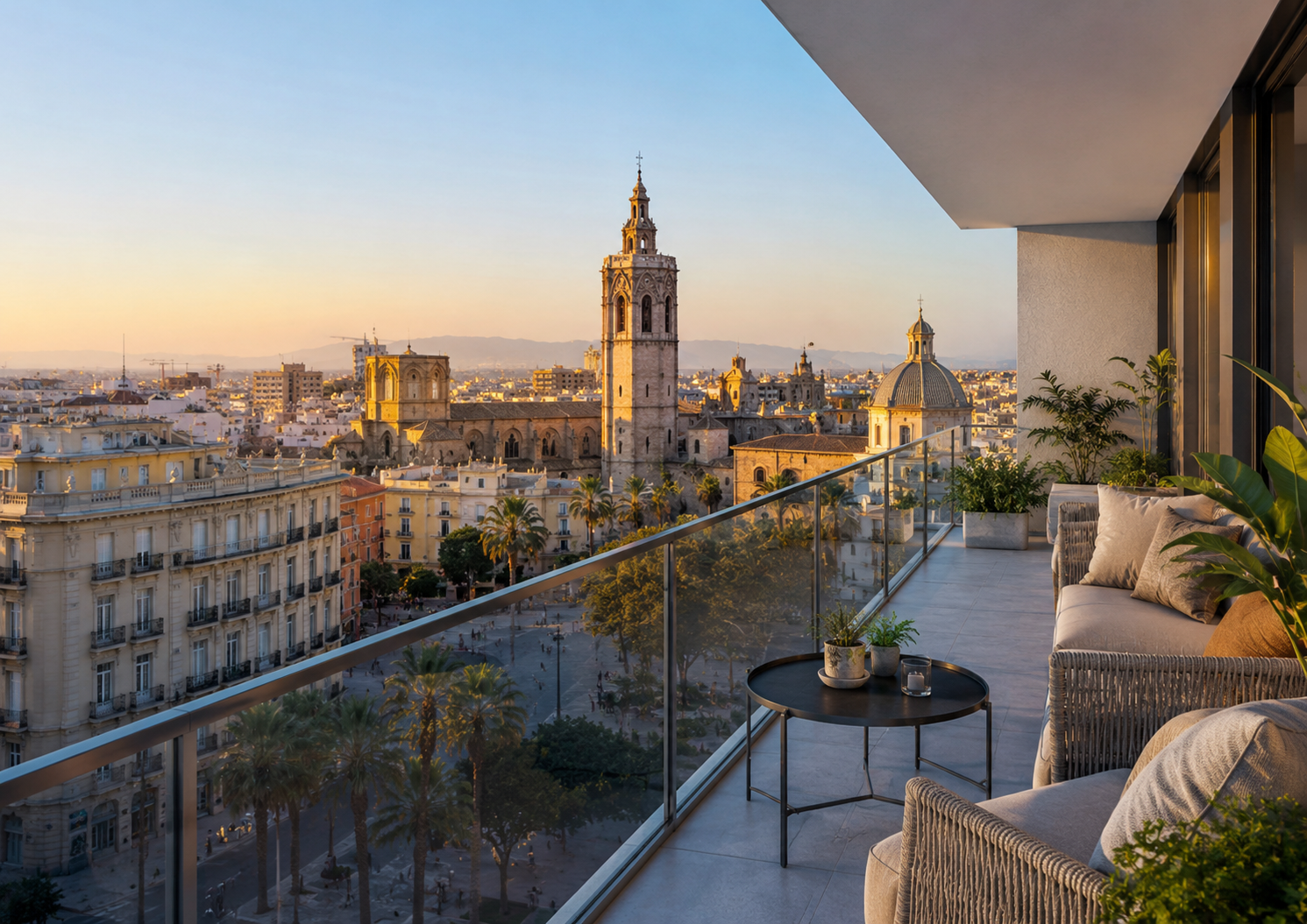 Vue depuis une terrasse à Valence en Espagne pour illustrer la vente immobilière haut de gamme avec accompagnement francophone