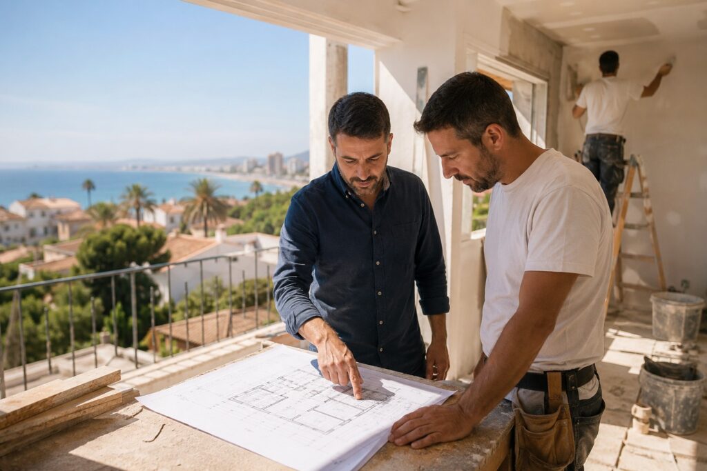 Artisan et client francophone analysant des plans de rénovation dans un appartement en travaux en Espagne avec vue méditerranéenne