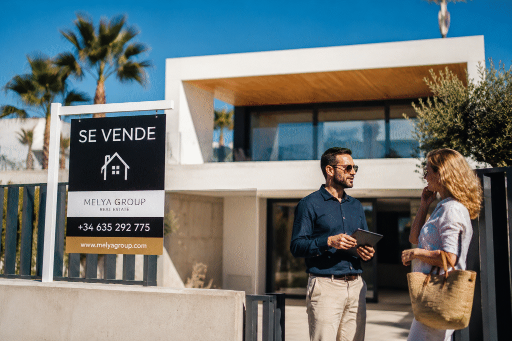 Maison à vendre à Valencia en Espagne avec panneau immobilier et acheteurs devant une villa moderne
